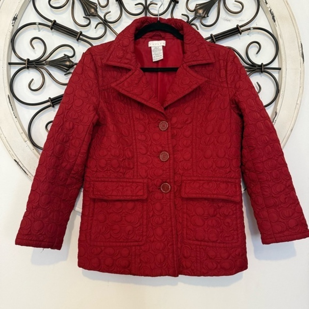 Tweeds Quilted Blazer Jacket Red Textured Button Front Old Money Womens Small
